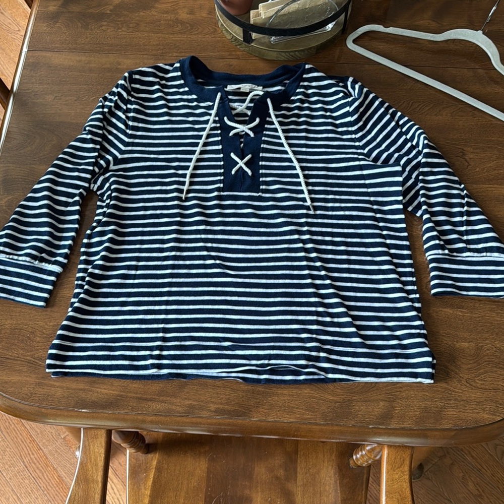 LOFT Blue and White 3/4 Sleeve Sweater with Lace-Up Detail